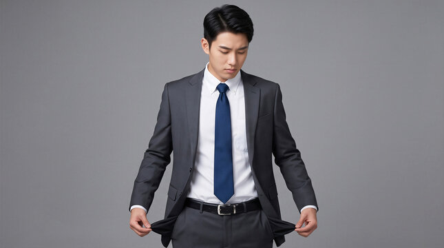 Sad businessman showing empty pockets, representing bankruptcy, financial crisis, debt, and poverty