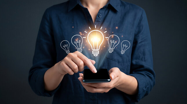 Woman using a smartphone with glowing lightbulb icons. Innovation, finding ideas, digital creativity, and smart technology