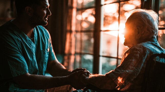 A caregiver offers comfort and support to an elderly man in a wheelchair near a window at sunset.
