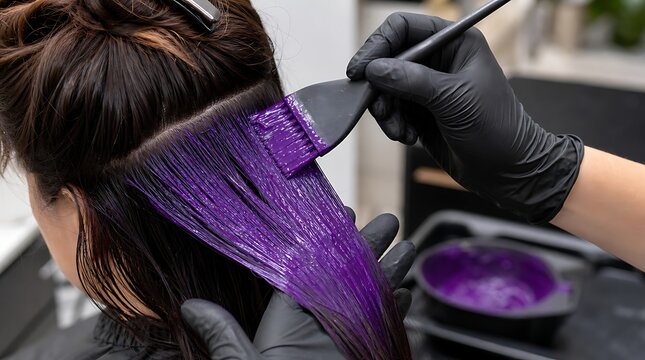 Hairstylist applying purple hair dye paste onto hair section with a brush in a professional salon for vibrant hair coloring concept.