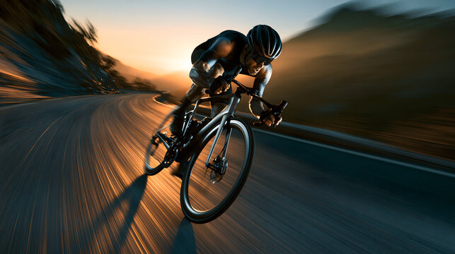 Professional male cyclist riding sleek road bike fast along winding mountain road during sunset motion blur outdoor cycling endurance sport concept