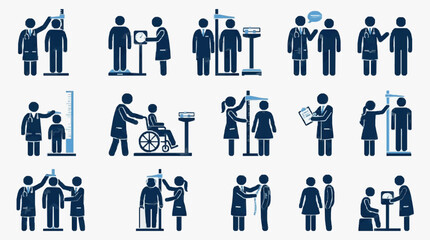 Fototapeta premium Minimalist Blue and Black Icons Showing Various Medical Check Up and Patient Interaction Scenarios