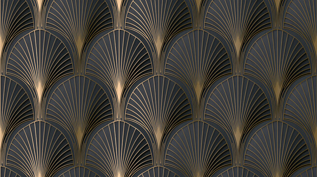Seamless art deco luxury pattern featuring repeated golden fan shapes on dark grey background for elegant vintage wall design paper concept