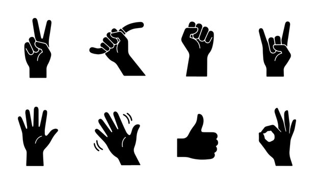 Black hand gesture icons set, 8 human hand silhouettes, communication signs vector collection