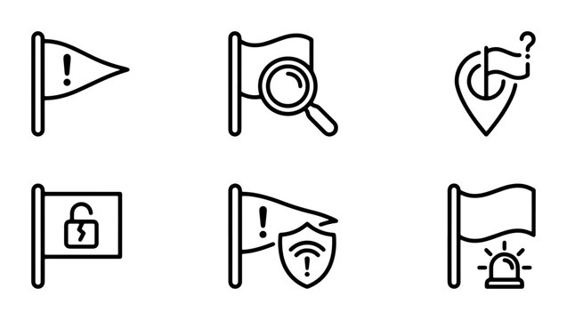 Minimalist flag icon set, 6 security and alert line icons, black vector symbols for web UI