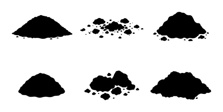 Black soil pile silhouettes, 6 dirt mound vector icons, organic earth heaps for garden design