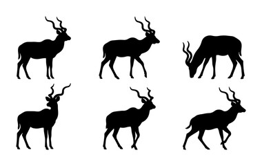 Fototapeta premium Kudu antelope silhouette set, African wildlife vector icons, black gazelle and impala animal shapes, 6 wild buck elements