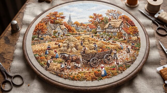 Embroidery hoop displays a detailed needlework scene of a rural autumn harvest.