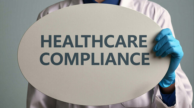 Healthcare Compliance Sign: A person in medical attire, wearing blue gloves, holds a sign that reads HEALTHCARE COMPLIANCE in bold, dark letters against a neutral background.
