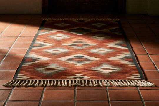 Southwestern style woven rug on terracotta floor