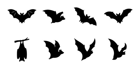Fototapeta premium Black bat silhouettes set, 8 flying and hanging bat icons. Spooky Halloween animal vector elements for gothic design and party decor.