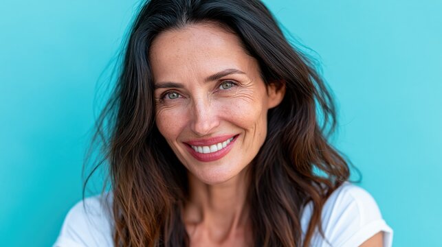 A smiling woman with dark hair stands in front of a blue background.
