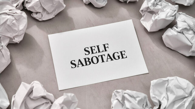 Self Sabotage: A sheet of paper with the words SELF SABOTAGE printed on it lies surrounded by crumpled balls of paper, symbolizing frustration and a cycle of failure.