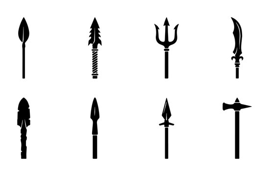 Ancient spear and polearm icons, set of 8 black weapon silhouettes, medieval trident and harpoon vector graphics