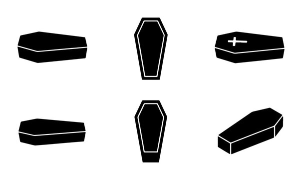 Black coffin icon set with 6 vector elements. Funeral casket silhouettes for burial services. Gothic death symbols for Halloween and mourning.