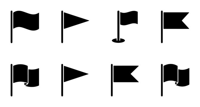 Black flag icon set, 8 minimalist map marker symbols, flat vector pennant and banner silhouettes for navigation and location tracking