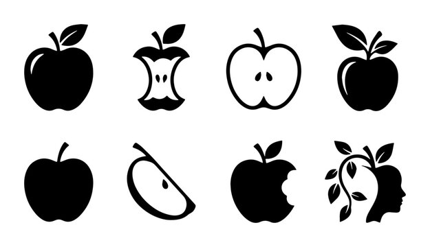 Minimalist apple icon set, black fruit silhouettes and apple core vectors, 8 organic food symbols for healthy branding and logo design