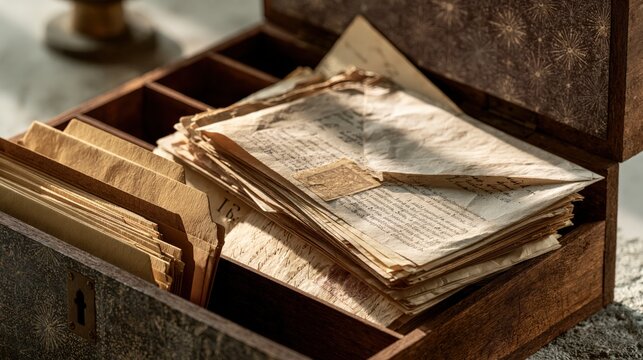 Stack of aged papers and envelopes rests within a wooden organizer.