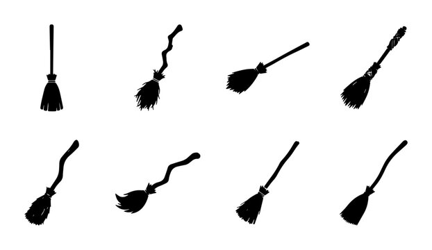 Witch broom silhouettes, set of 8 magic broomstick icons. Halloween flying broom vector graphics for spooky holiday designs.