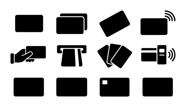 Minimalist credit card icon set, black banking and payment vector symbols, 12 financial transaction elements for web design