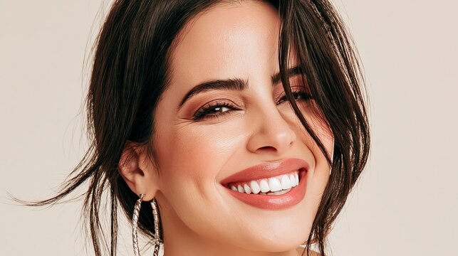 Young woman with a radiant smile and dark hair.