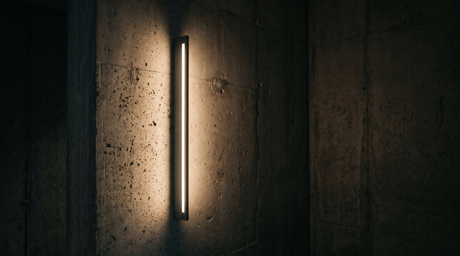 Modern minimalist wall lamp illuminates textured concrete wall with warm light
