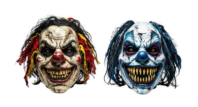 Two scary clown masks with creepy expressions isolated on transparent background