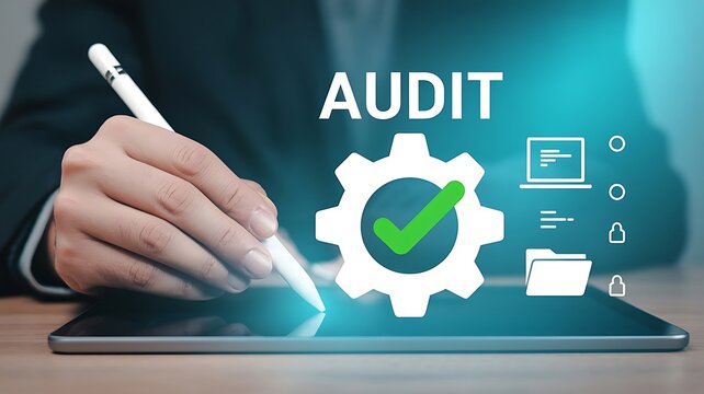 Professional business audit concept, digital financial compliance review on tablet, corporate auditor using stylus for quality control