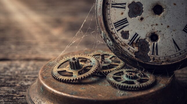 Vintage clock decay reveals lost time and forgotten history on aged wood.