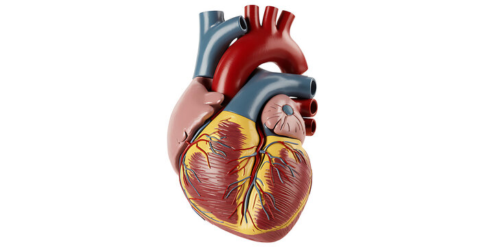 Detailed 3D anatomical model of a human heart with red arteries and blue veins isolated on white