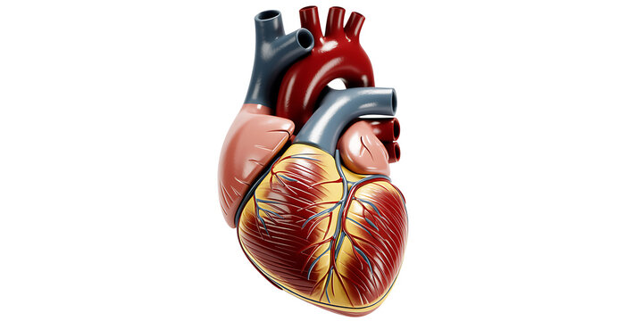 Detailed 3D anatomical model of a human heart with red arteries and blue veins isolated on white