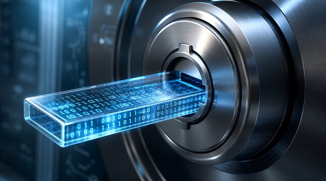 Glowing digital glass slide insertion into a metallic drive for glass data storage technology concept.