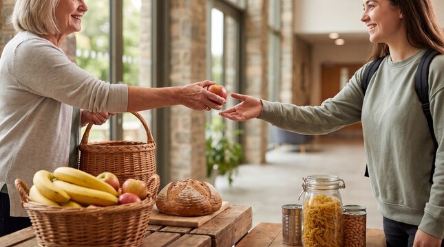 Volunteer gives food to student during a community exchange indoors