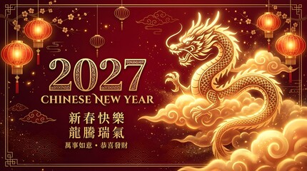 Naklejka premium Golden dragon illustration representing the 2027 Chinese new year celebration featuring traditional red lanterns and intricate oriental cloud patterns on a deep burgundy decorative background