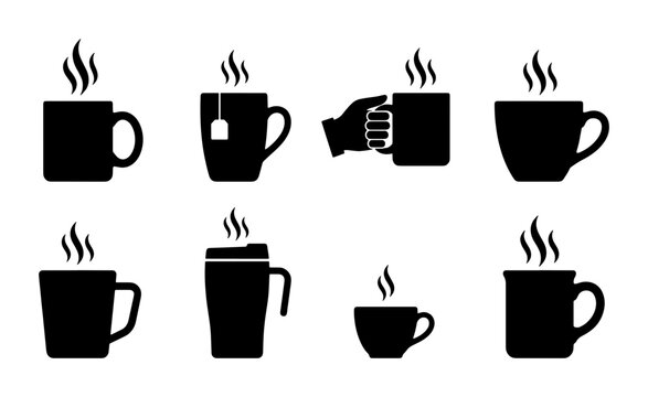 Minimalist coffee mug icons, black silhouette tea cup vector set, 8 hot drink symbols for cafe branding and menu design