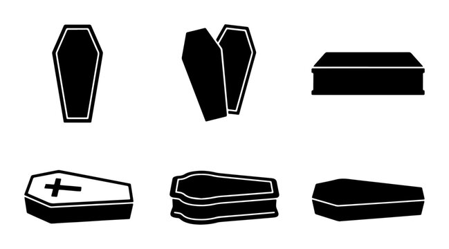 Gothic coffin icon set, black funeral casket silhouettes, 6 burial box vector elements for cemetery and halloween design