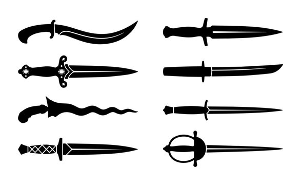 Vintage dagger silhouette set, 8 antique knife and blade icons, medieval sword and weapon vector collection for gaming and history