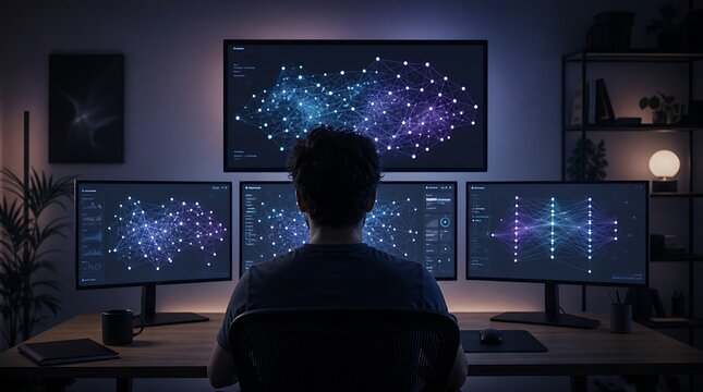 Developer working in front of multiple computer monitors displaying network node graphs in a dark room for software engineering concept.