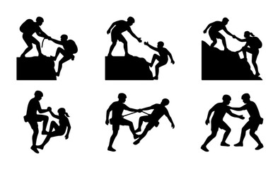 Obraz premium Mountain climbing silhouettes, team helping hand icons, rock climber partnership set, 6 vector elements for business teamwork and leadership