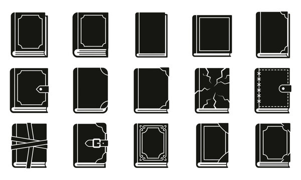 Vintage book icons set, black silhouette antique journal collection, 15 vector book covers for library and literature design
