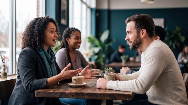 Professionals networking in a modern cafe with deep engagement