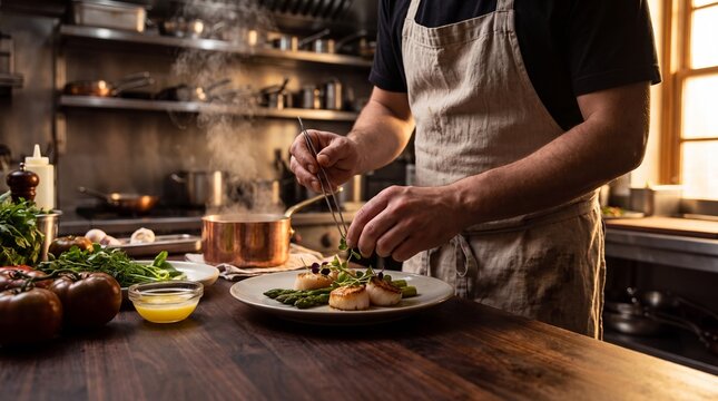 Chef arranging gourmet scallops with precision in a dramatic professional kitchen