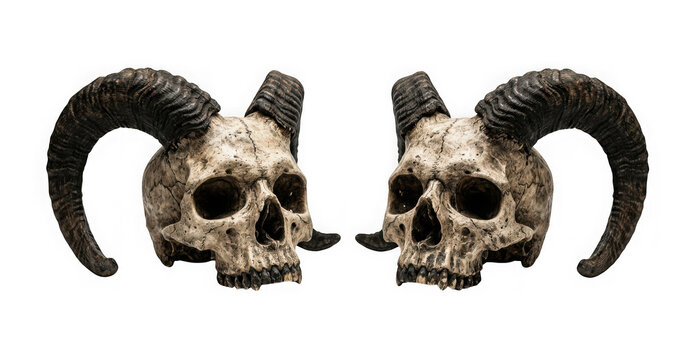 Two ram skulls with large horns isolated on transparent background