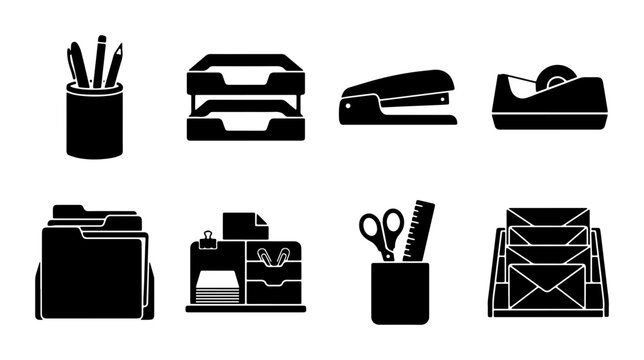 80 Office Supplies Icons Set, Business Stationery Vector Graphics, Desk Organization Tools Collection, Paperwork Management Elements 100