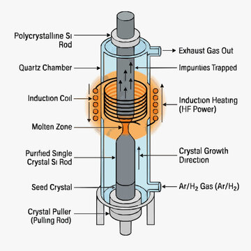 Diagram illustrating the Czochralski method for growing a purified single crystal silicon rod from polycrystalline silicon.