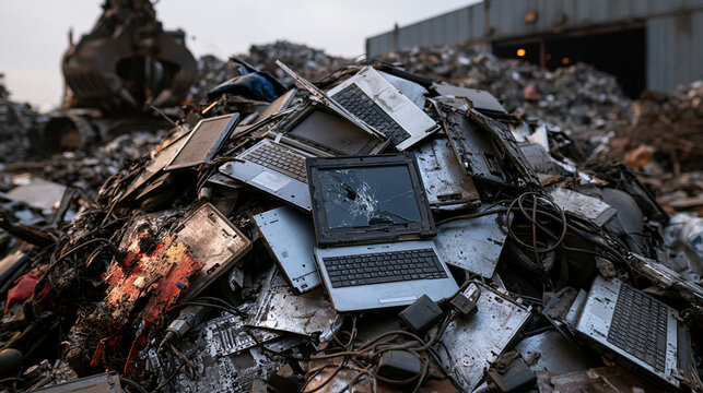 Electronic Waste Heap: A vast pile of discarded electronic devices, including broken laptops, computer parts, and other scrap metal, awaits recycling in a junkyard.