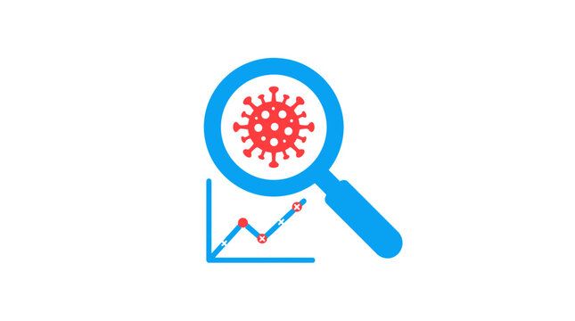 Virus statistics analysis icon. Magnifying glass examining coronavirus and statistical growth chart. Epidemic data concept and scientific study illustration for web and print design.