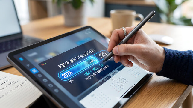 Person using a digital pen on a tablet for new year planning and goal setting