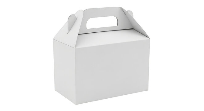 Blank white cardboard box with handle for food delivery isolated on transparent background