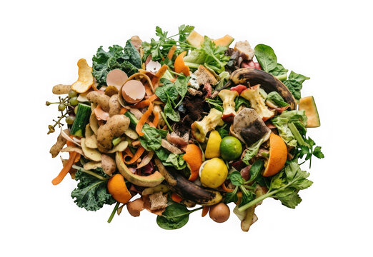 Heap of assorted organic food waste for composting isolated on transparent background